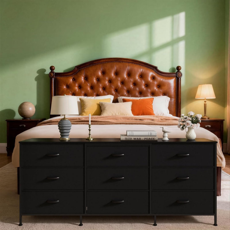 Meuble télé 63 po avec 9 tiroirs en tissu, plateau en bois et console média en métal, profondeur de 27 po, Noir