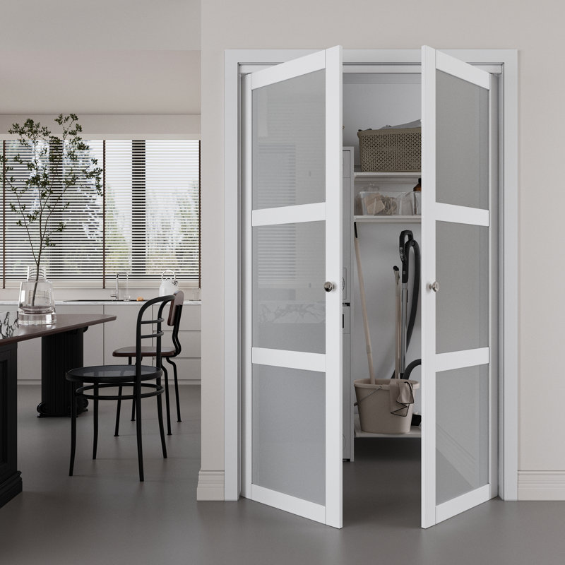 36" x 80" 3-Lite Frosted Glass Solid Core Manufactured Wood Pivot-French Or Bi-Fold Doors with Hardware Kit,White.(Ideal for Closet,Pantry,Laundry,Bathroom)