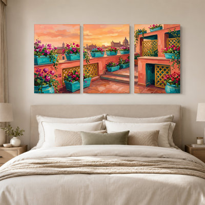 «Geraniums roses dans des jardinières turquoise sur un balcon en terre cuite», art mural sur toile