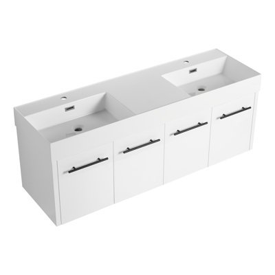 Meuble-lavabo mural de 60 po avec lavabo double en résine à rebords épais - Élégance moderne pour votre salle de bain