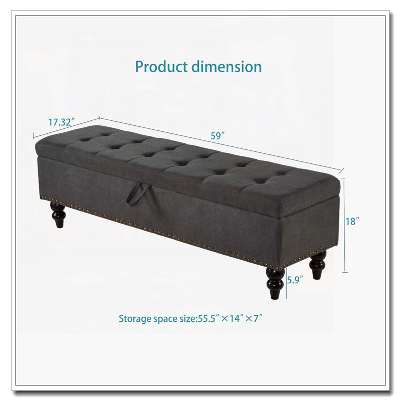 51.5"W Flip Top Storage Bed Bench, Grey