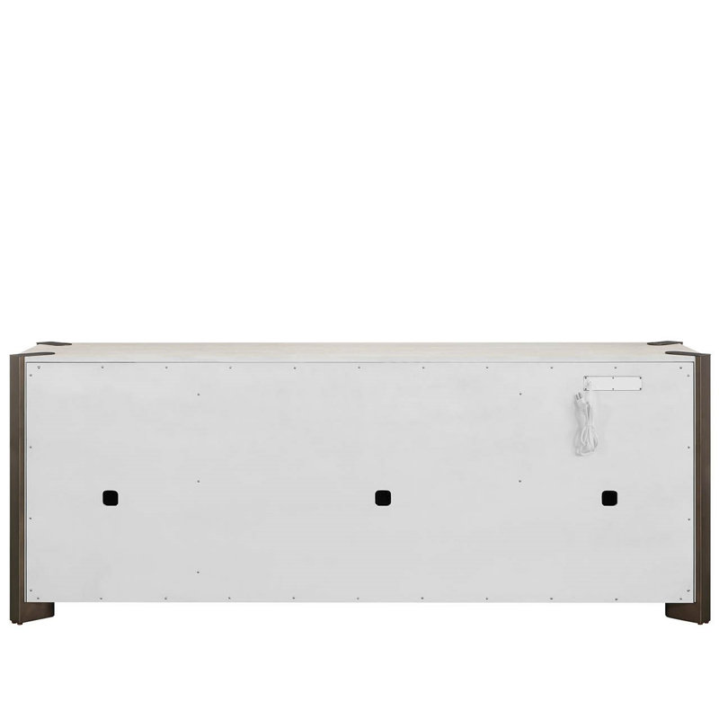 Modern Veil Four-Door Veil Oak And Haze Walnut Credenza With Power Bar And Wire Management, Cream