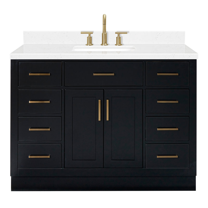 Ensemble de meuble-lavabo simple en bois massif 48 po avec lavabo en quartz Carrara de 1,5 po Tidworth, Chêne noir
