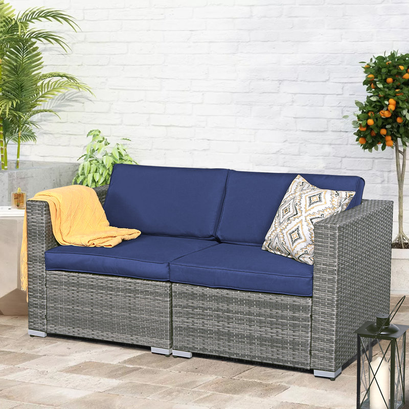 Gerdt 59.2'' Wide Wicker Loveseat with Cushions, Navy Cushion//Gray Frame