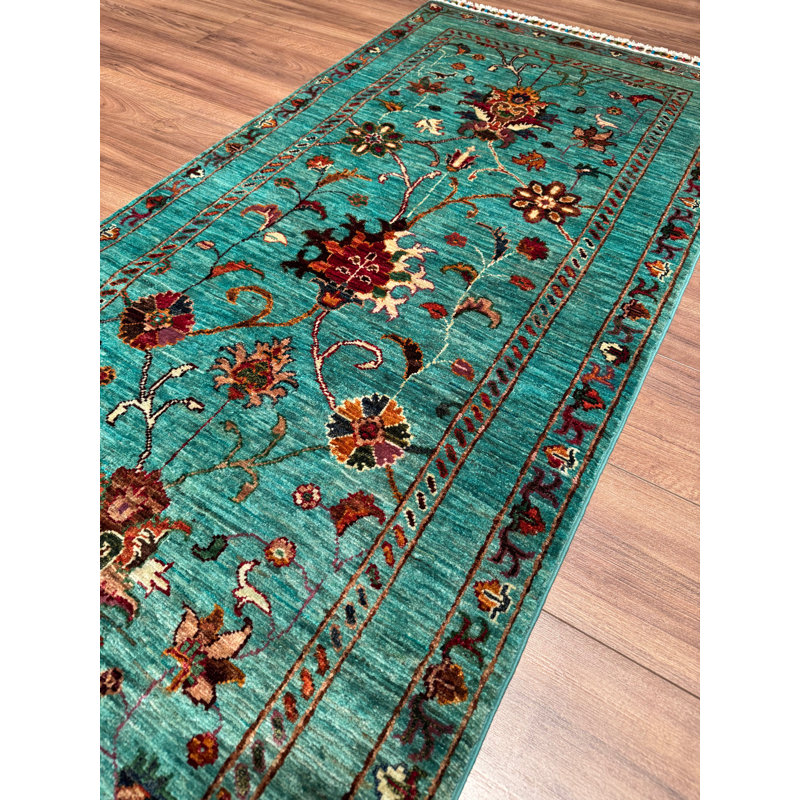 Tapis bleu sarcelle en laine et coton Original