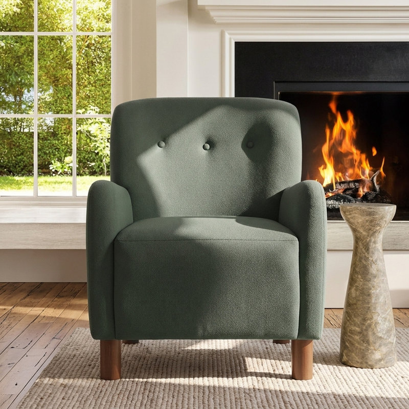 Fauteuil d'appoint Haven en lin capitonné avec accoudoirs, idéal pour le salon et le coin lecture., Vert
