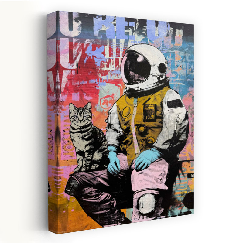 Astronaut Cat Adventure Modern Playful Surreal Cat Urban Wall Art Print 1 Piece Wrapped Canvas Wall Art
