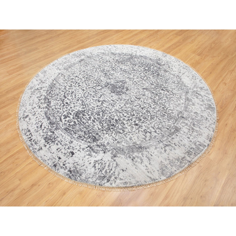 Tapis décoratif rond noué à la main gris de conception unique 7 pi x 7 pi