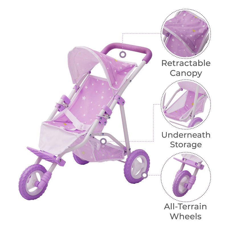 Olivia Little World Polka Dot Princess Baby Doll Twin Jogging Stroller, Pink, Purple / Stars