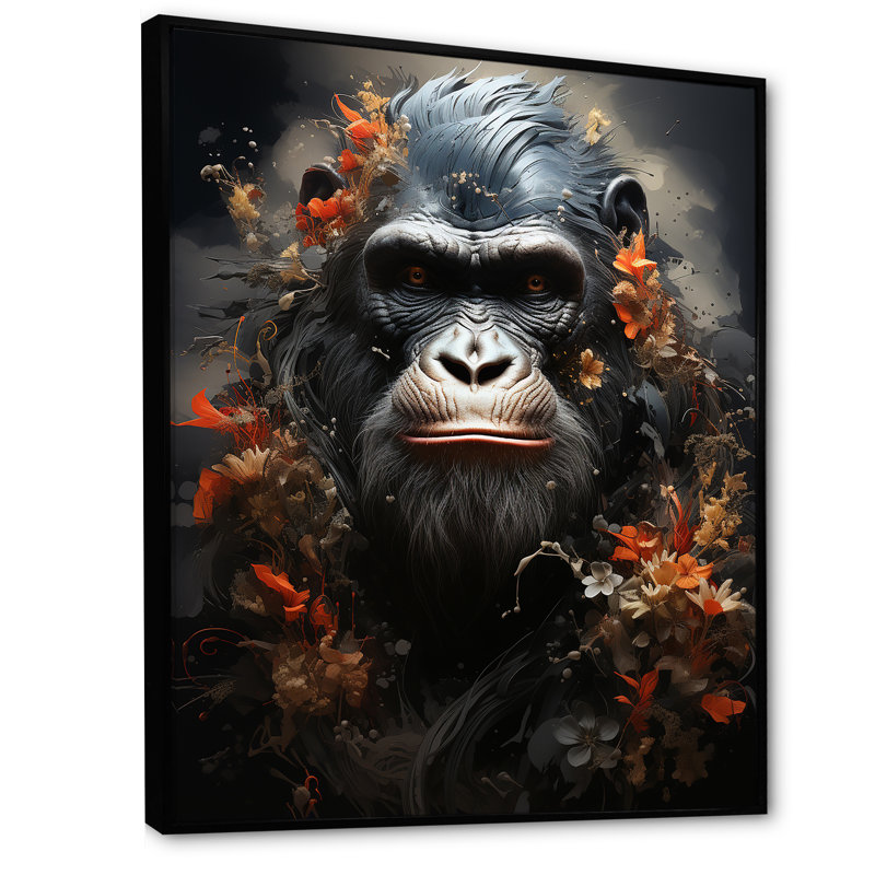 Singe noir énigme sur toile, Cadre flottant noir, H 40 po x l 30 po x P 1,5 po