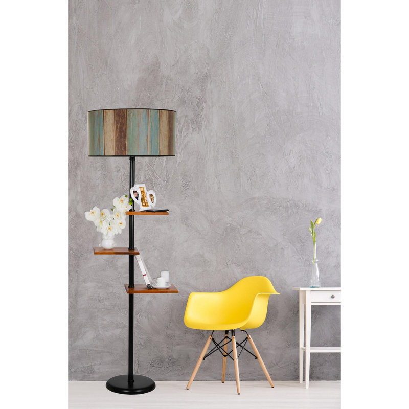 Luro Elegant Floor Lamp with Metal Body & Wooden Shelves, 67 in Tall | Fabric Cap (12.2 in Diameter) & 3 Shelves (10 x 16 in, 10.2 x 19 in, 11.8 x 23 in) | On/Off Switch, Stylish Lighting for Living Room & Bedroom Decor