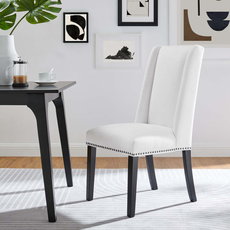 Elegant White Leather Upholstered Parsons Side Chair with Nailhead Trim