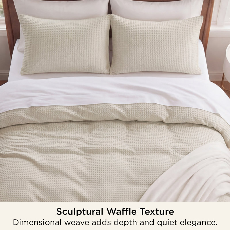Essential Collection 100% Cotton Waffle Weave Duvet Cover Set, Beige, Oversized Queen Duvet cover + 2 Standard Shams