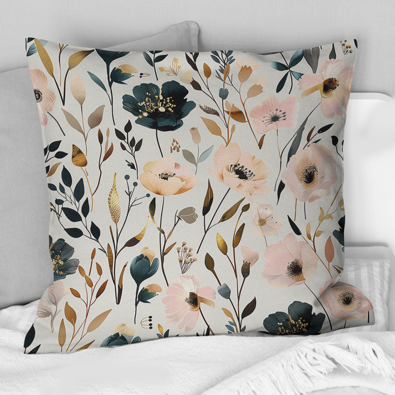 Coussin décoratif floral noir et rose, H 18 po x l 18 po