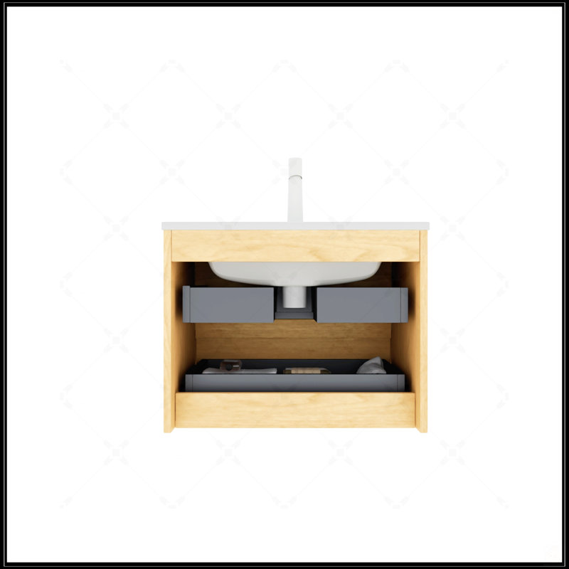 Meuble-lavabo flottant mural BRON de 24 po avec lavabo en céramique blanche, grain de bois en chêne Corolla, tiroirs à fermeture en douceur, pré-assemblé pour une installation facile