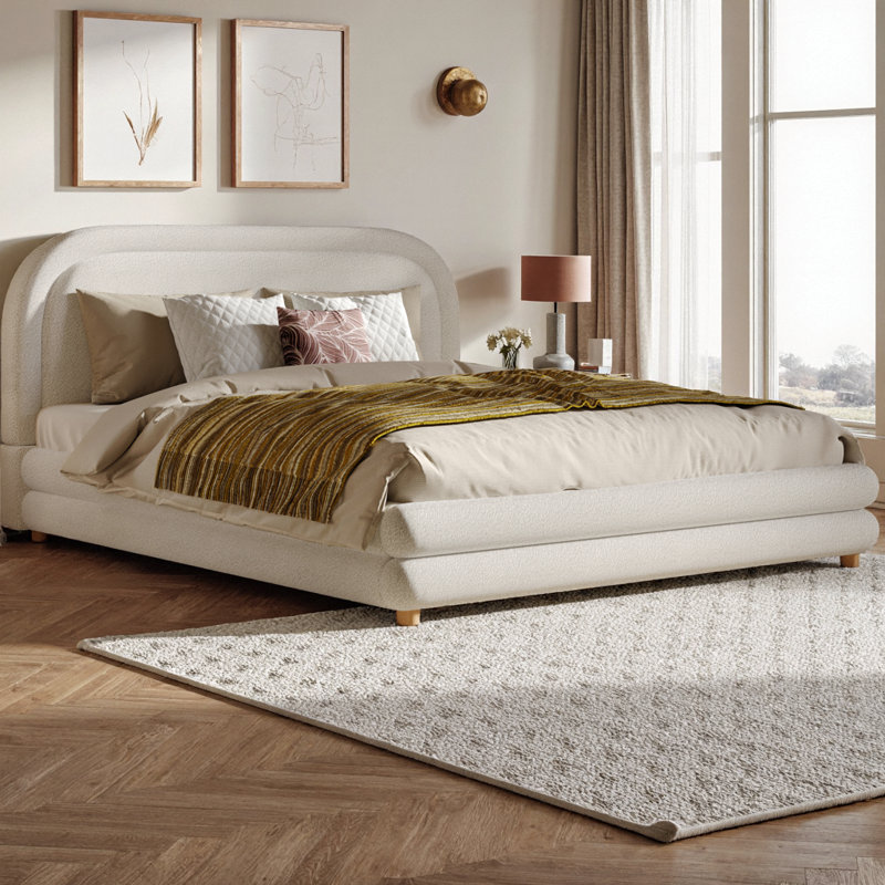 Structure de lit plateforme avec tête de lit courbée rembourrée Boucle, pieds en bois massif, lit blanc élégant au design arqué, capacité de 800 lb, aucun sommier requis, assemblage rapide