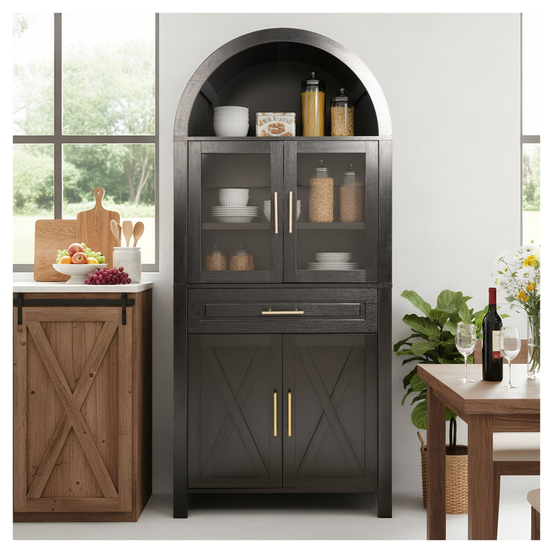 Armoire de cuisine 71 po en bois aggloméré noir avec porte en verre arquée, tablettes réglables et porte de grange pour le rangement de la salle à manger