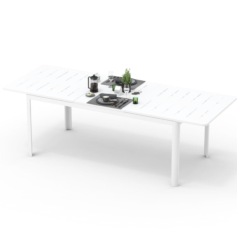 Table de salle à manger extensible blanche pour 6 à 8 personnes, en aluminium métallique rectangulaire, facile à assembler et à nettoyer