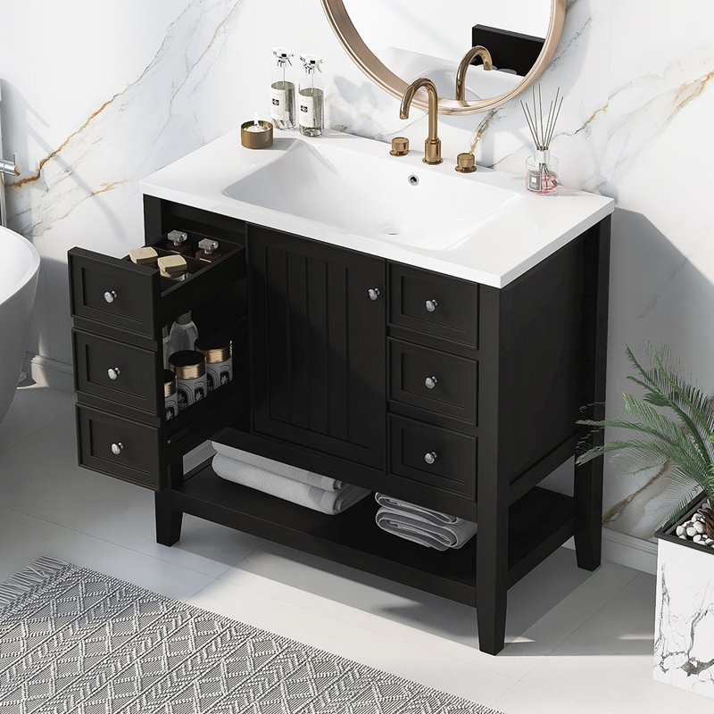 Ensemble de meuble-lavabo avec lavabo et trois tiroirs, Noir, noir, noir, noir