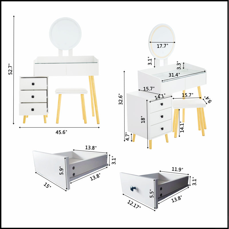 Modern Glass Top Dressing Table With LED Lights, Extendable Side Table, 5 Drawers, Mirror, And Stool For Elegant Bedroom Organization