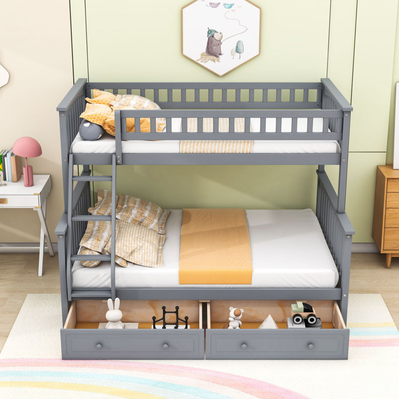 Convertible Twin Over Full Wood Bunk Bed With Drawers, Gray