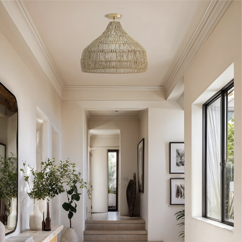 Dreamy Flush Mount Light – Palm Fibers & Brown Large Dome 1-light Adjustable Semi Flush Mount For Bedroom Or Hallway In Modern, Boho, And Transitional Style