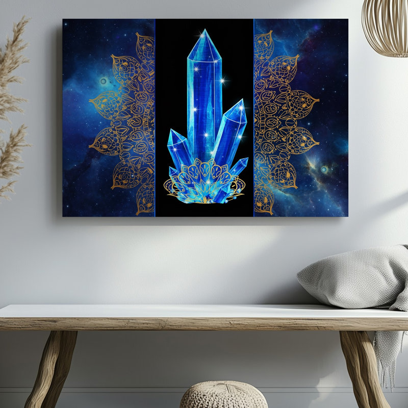 Toile, un cristal bleu saisissant se tient en évidence au centre, ses facettes d'art mural reflétant la lumière dans un étalage rayonnant encadré
