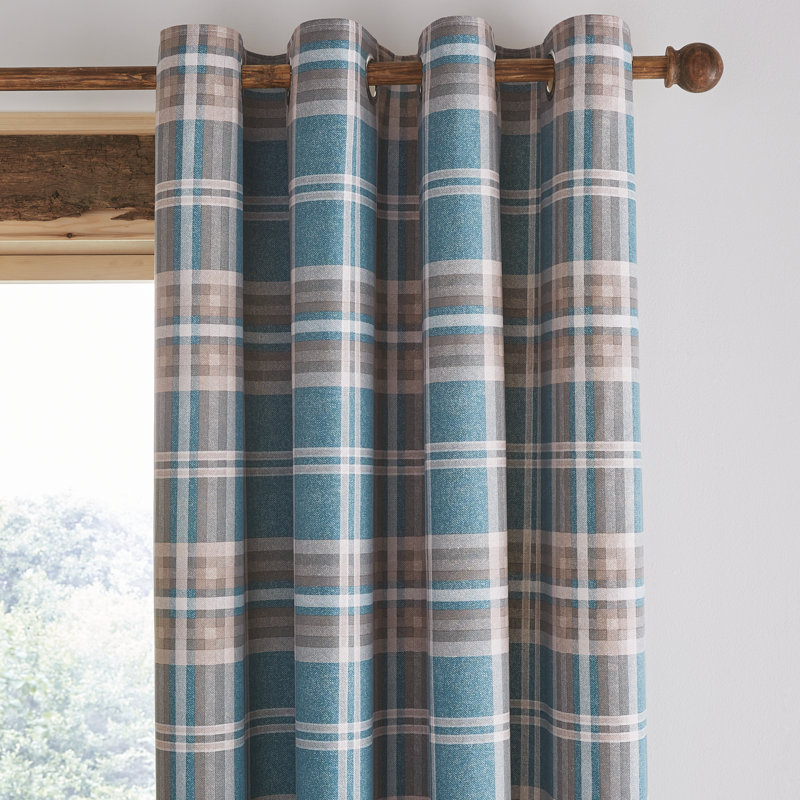 Tweed Check Unlined Eyelet Curtains, Width 117 x Drop 137cm, Teal