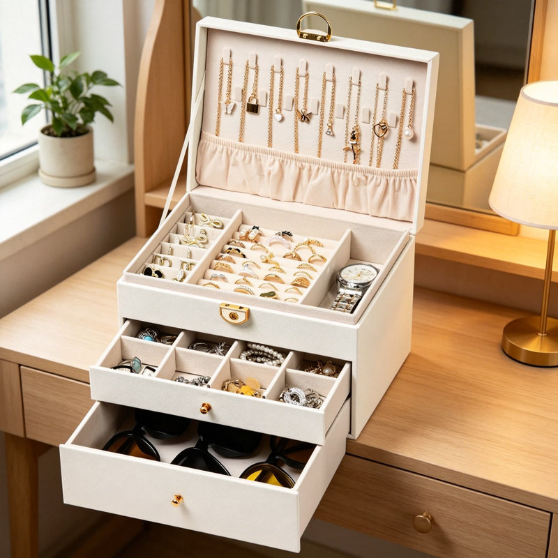 Boîte à bijoux, présentoir de rangement en cuir pour femme à 3 couches, organisateur de bagues à boucles d'oreille à 2 tiroirs de grande capacité, boîte-cadeau, blanc