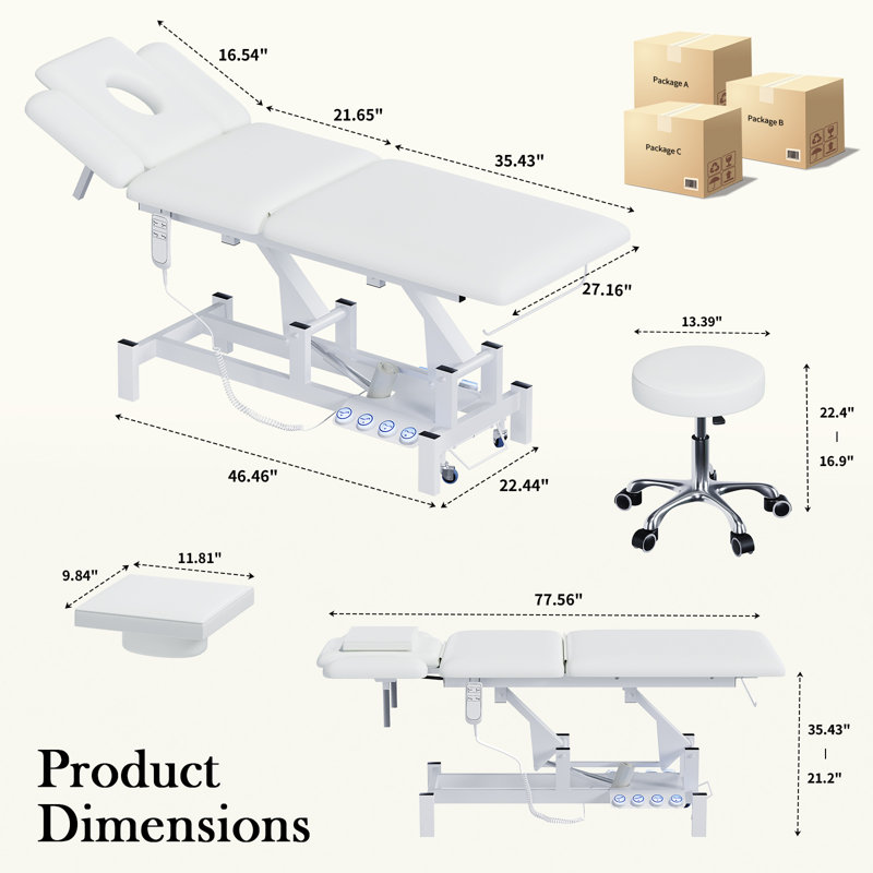 Table de massage électrique professionnelle avec hauteur réglable, dossier et repose-jambes, lit de massage à deux moteurs avec tabouret réglable, télécommande et commande au pied, boutons à DEL