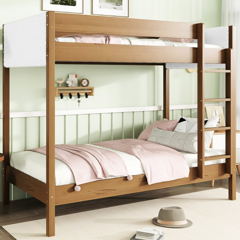 Lit superposé simple tapissier au-dessus du lit - Confort polaire, résistance en bois d'hévéa, garde-corps, rangement spacieux sous le lit