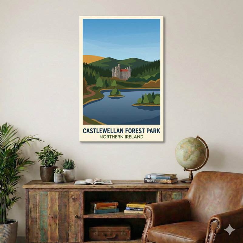 Castlewellan Forest Park, Northern Ireland - Romantic Travel Poster of Castle, Lake and Woodland. Giclee Print on Wrapped Canvas. Wall Art, Home Decor - Parks & Gardens, Northern Ireland 1 Piece Wrapped Canvas Wall Art