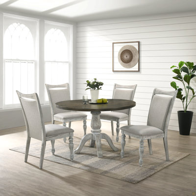 Ensemble de salle à manger 5 pièces Iris, table à piédestal ronde avec 4 chaises, blanc vieilli et gris