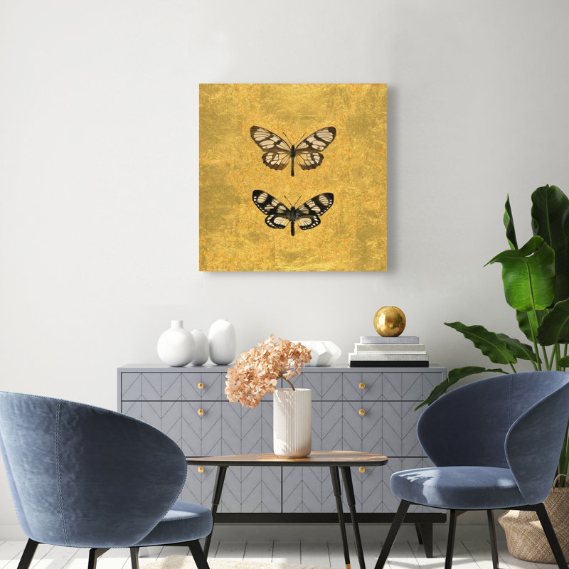 Paire de papillons sur fond doré, estampe numérique sur toile tendue avec châssis
