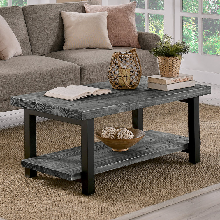 Rundell Pomona Rustic Industrial Modern Vintage Metal and Solid Wood Coffee Table with Storage, Easy Assembly, Small Rectangle Coffee Table, 42 in x 24 in x 18 in