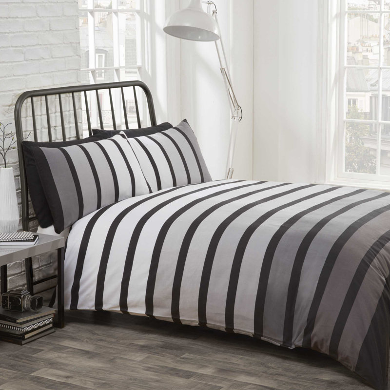 Cotton Blend, Polyester Striped Duvet Cover with Pillowcases, Black, Double Duvet Cover + 2 Standard Pillowcases
