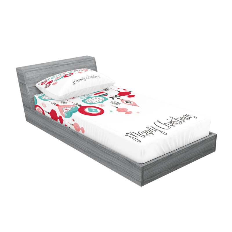 Ambesonne Christmas Fitted Sheet & Pillow Sham  Set,  Multicolor, Twin Extra Long Sheet Set with 2 Pillowcases