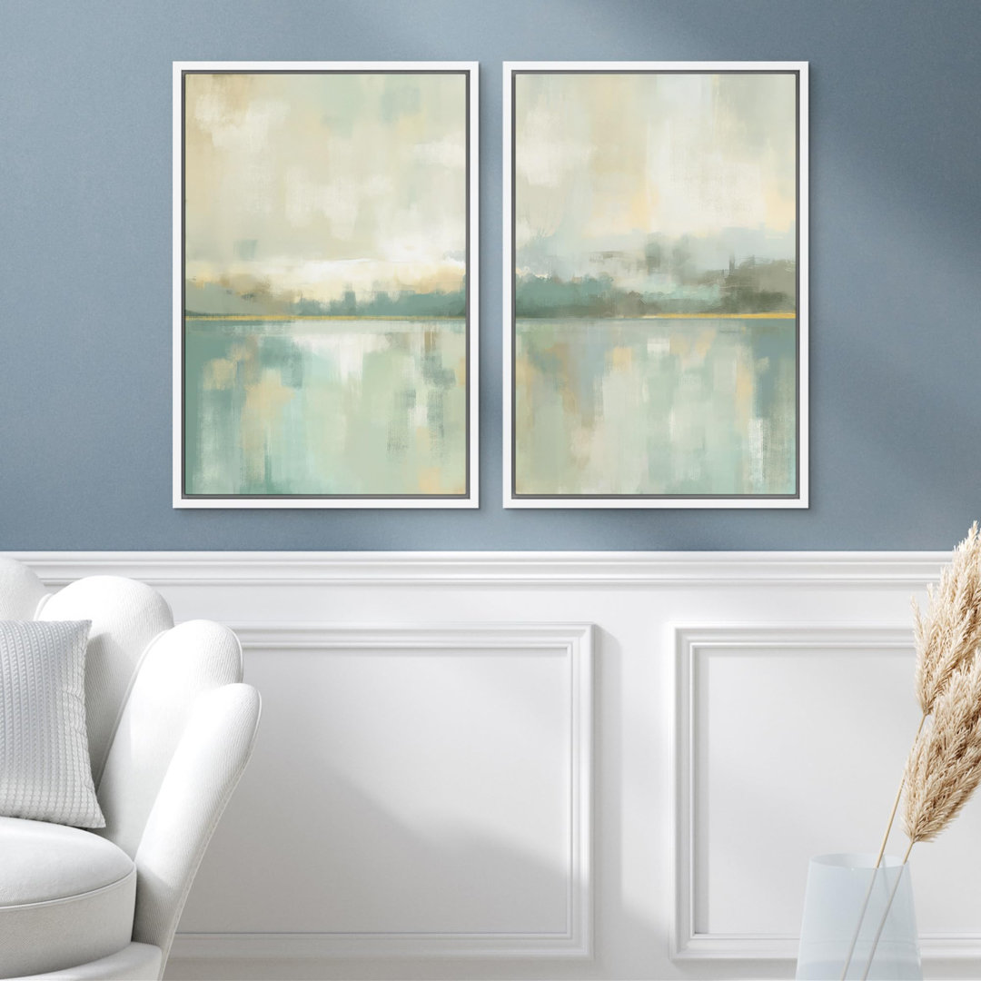 Minimalist Landscape " Sage Green & Tan Lake Abstract Landscape Modern Art Wall Decor Artwork Calm Relax " 2 - Pieces wall26 Overall 