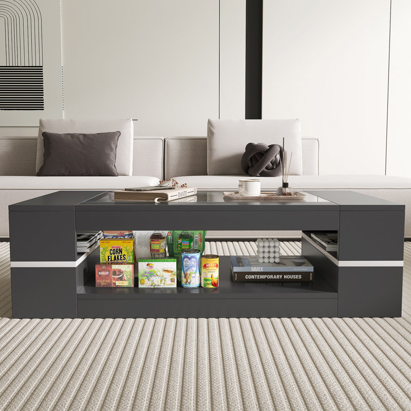 Modern Glass Top Coffee Table with Storage for Living Room, Black