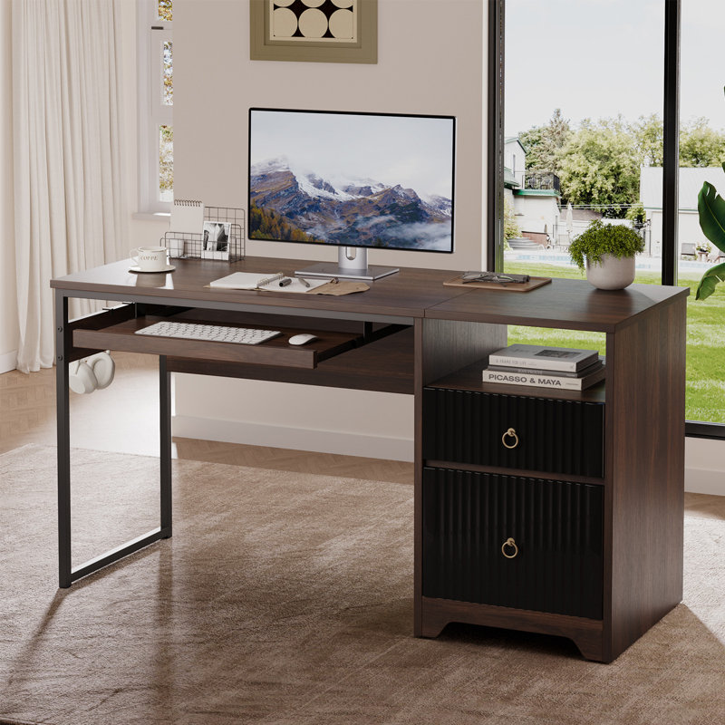 Bureau d'ordinateur avec plateau à clavier Cesare, Noyer / noir