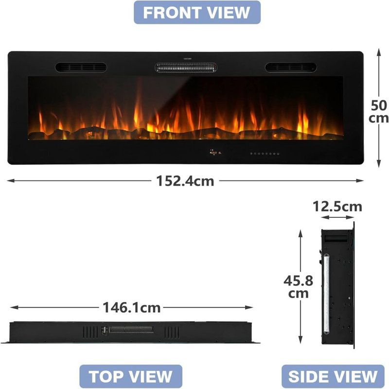 YODOLLA Black Electric Fireplace Insert, 50cm H x 152.40cm W x 12.50cm D