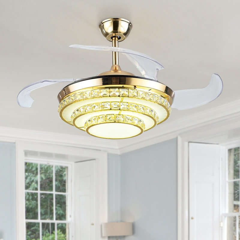 Ventilateur de plafond 42 po à 4 pales en cristal DEL avec télécommande et ensemble d'éclairage inclus Jordani, Doré