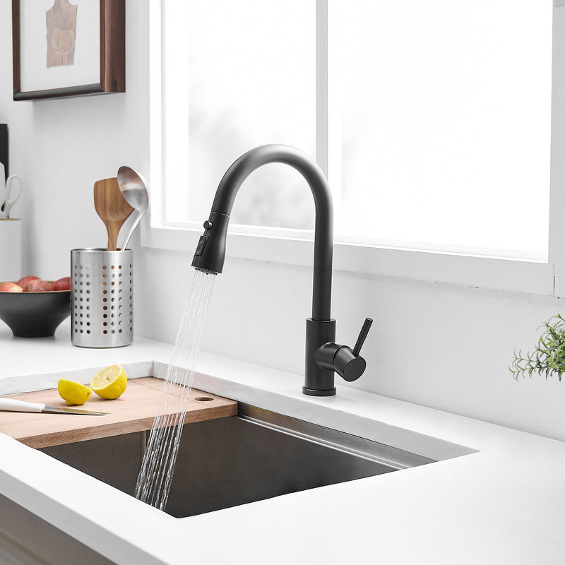 Robinet de cuisine en acier inoxydable à arche haute de 36,8 cm avec douchette extractible