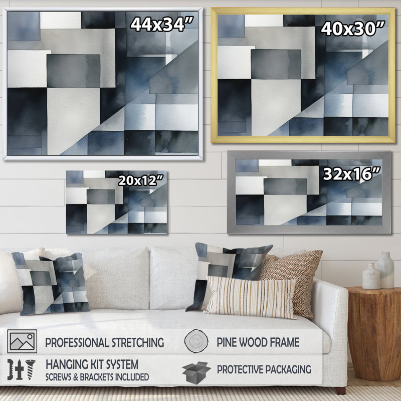 Gris et bleu abstrait zen - art mural minimaliste sur toile, H 34 po x l 44 po x P 1,5 po, Cadre simple noir