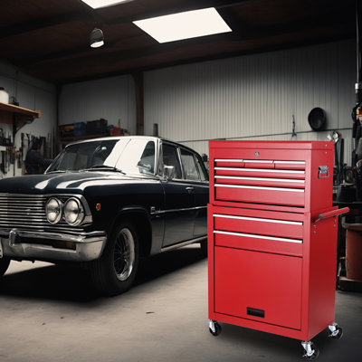 8 Garage Tool Storage Cabinet With Detachable Top, Lockable Wheels, Side Hooks, Red
