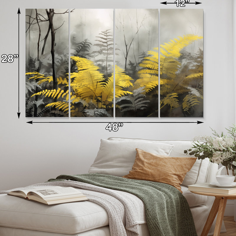 Jaune et gris fougères rêveuses II - impression sur toile florale - 4 panneaux