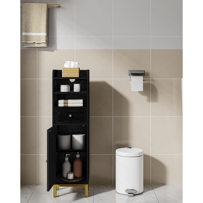 Bathroom Storage Cabinet, Corner Floor Cabinet with Drawers and Doors, Narrow Toilet Paper Holder, Bathroom Organizer with Adjustable Shelf, for Small Spaces, Black