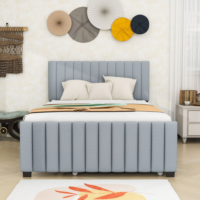 Lit plateforme tapissier avec lit gigogne et tête de lit, Double, gris