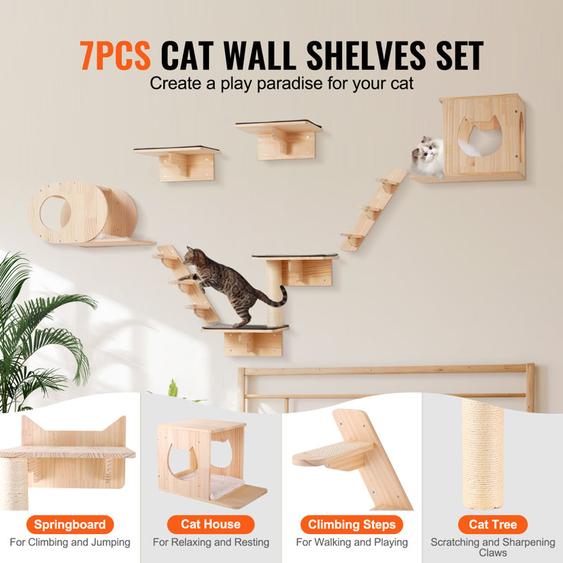 Étagères murales pour chats 43 x 33 x 31 cm, panneaux de particules et pin, 7 pièces, fini naturel, avec plateformes de saut et hamacs