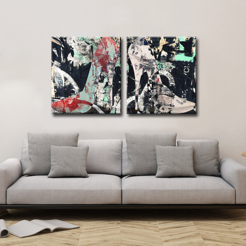 « urban mode xix », ensemble de 2 reproductions d’impressions encadrées sur toile noir/gris, H 12 po x l 24 po x P 1,5 po